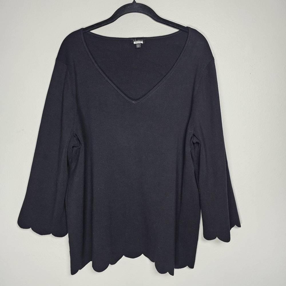 Talbots Womens 2Xp Black Heavy Weight V-neck Top Scalloped Trim‎ Normcore